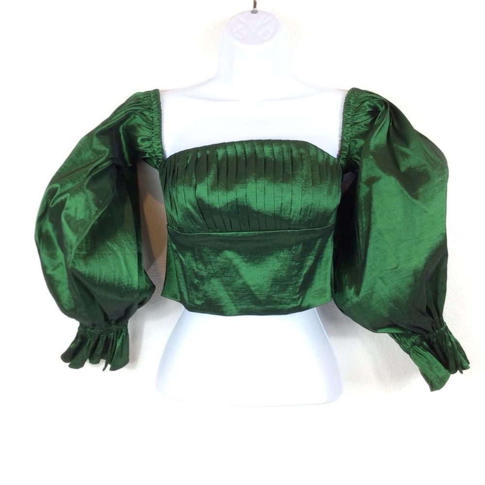 Lovers + Friends Green Satin Pleated Bodice Long Puff Sleeve Crop Top size XS